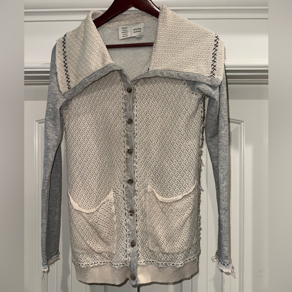 Anthropologie Saturday Sunday Shawl Collar Sweater Small 🌿 Grey/Cream Lace Edge